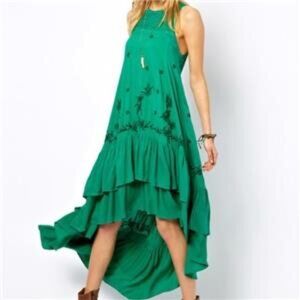 Free People Green Crochet Bodice Hi-low Tiered Sleeveless Maxi Dress Sz M